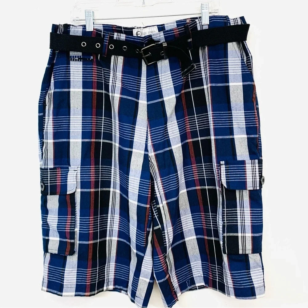 Eddie Domani Baggy Cargo Shorts Men Sz 38  Blue Plaid Belt Pockets ‎ Inseam 12"
